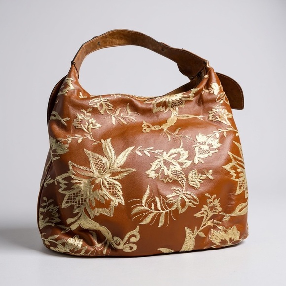 Donald J. Pliner Leather Embroidered Floral Patterned Hobo Bag in Brown Orange - Picture 1 of 16